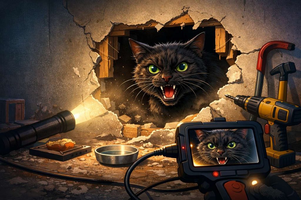 Feral Cat Trapped Inside a Basement Wall for 11 Days Walks Out Alive After a Tense Rescue