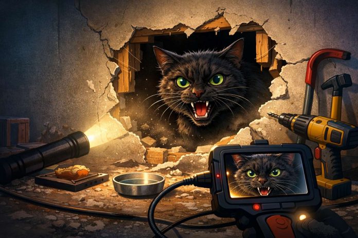 feral cat trapped in basement wall