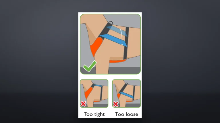 Sleepypod manual drawing of the harness chest strap behind a dog's front legs, fitted correctly, too tight and too loose