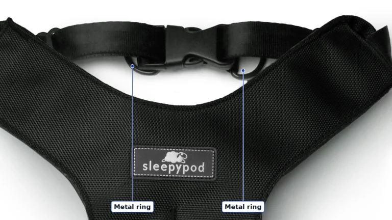 Close view of a black Clickit Sport neck strap with its plastic buckle and the two metal rings labeled